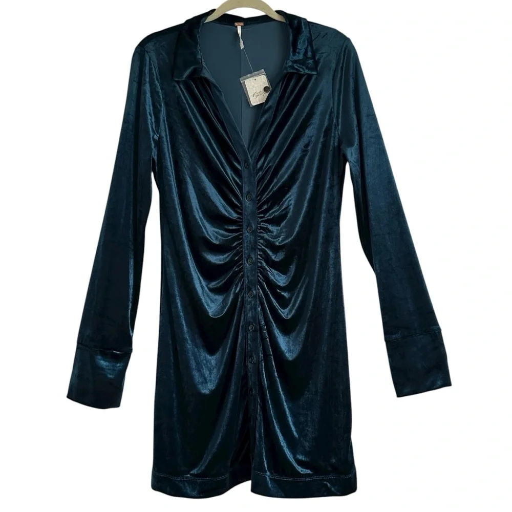 NWT FREE PEOPLE Shayla Blue Velvet Button Down Mini Dress Size Large